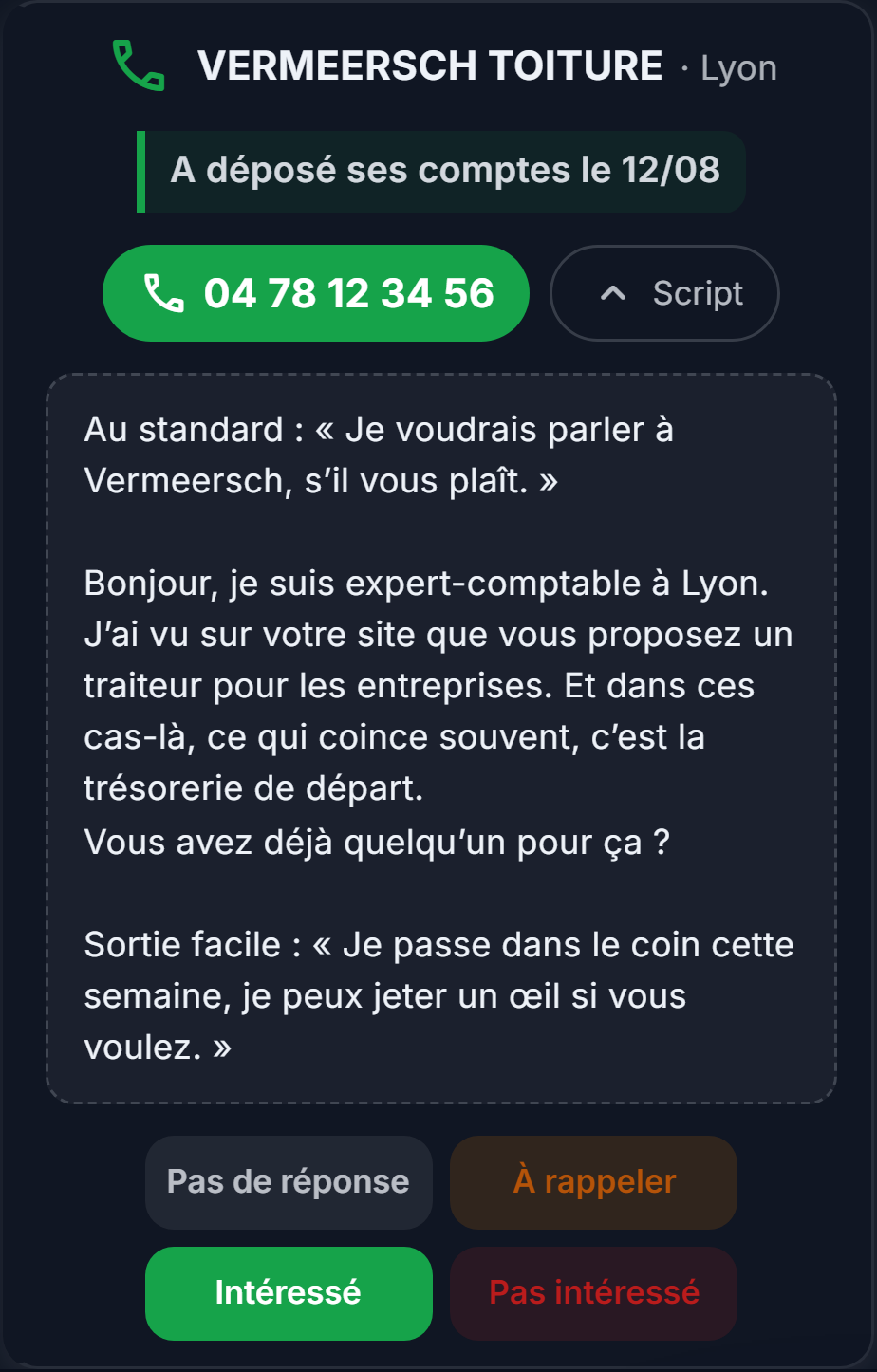 Le script d’appel qui ouvre sur le nom du dirigeant